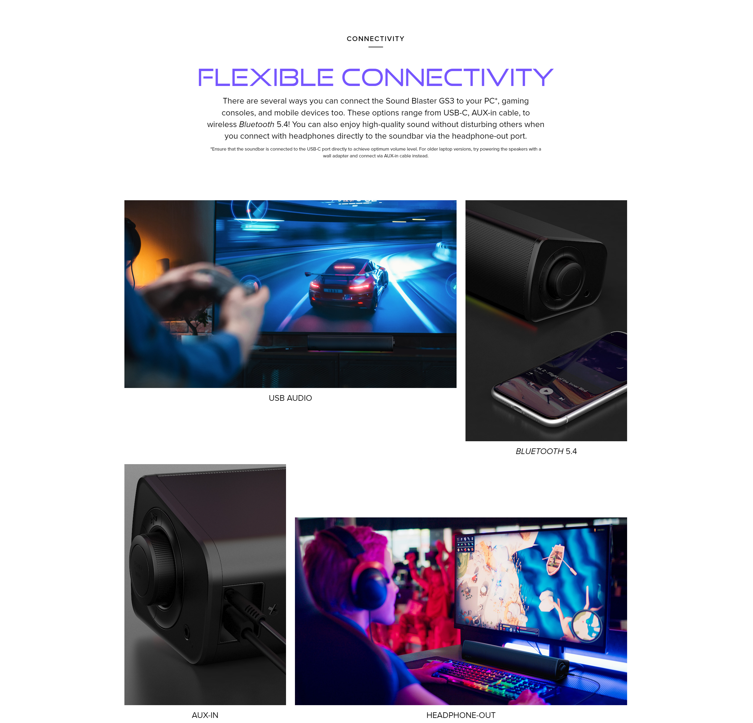 A large marketing image providing additional information about the product Creative Sound Blaster GS3 Compact RGB Gaming Soundbar - Additional alt info not provided